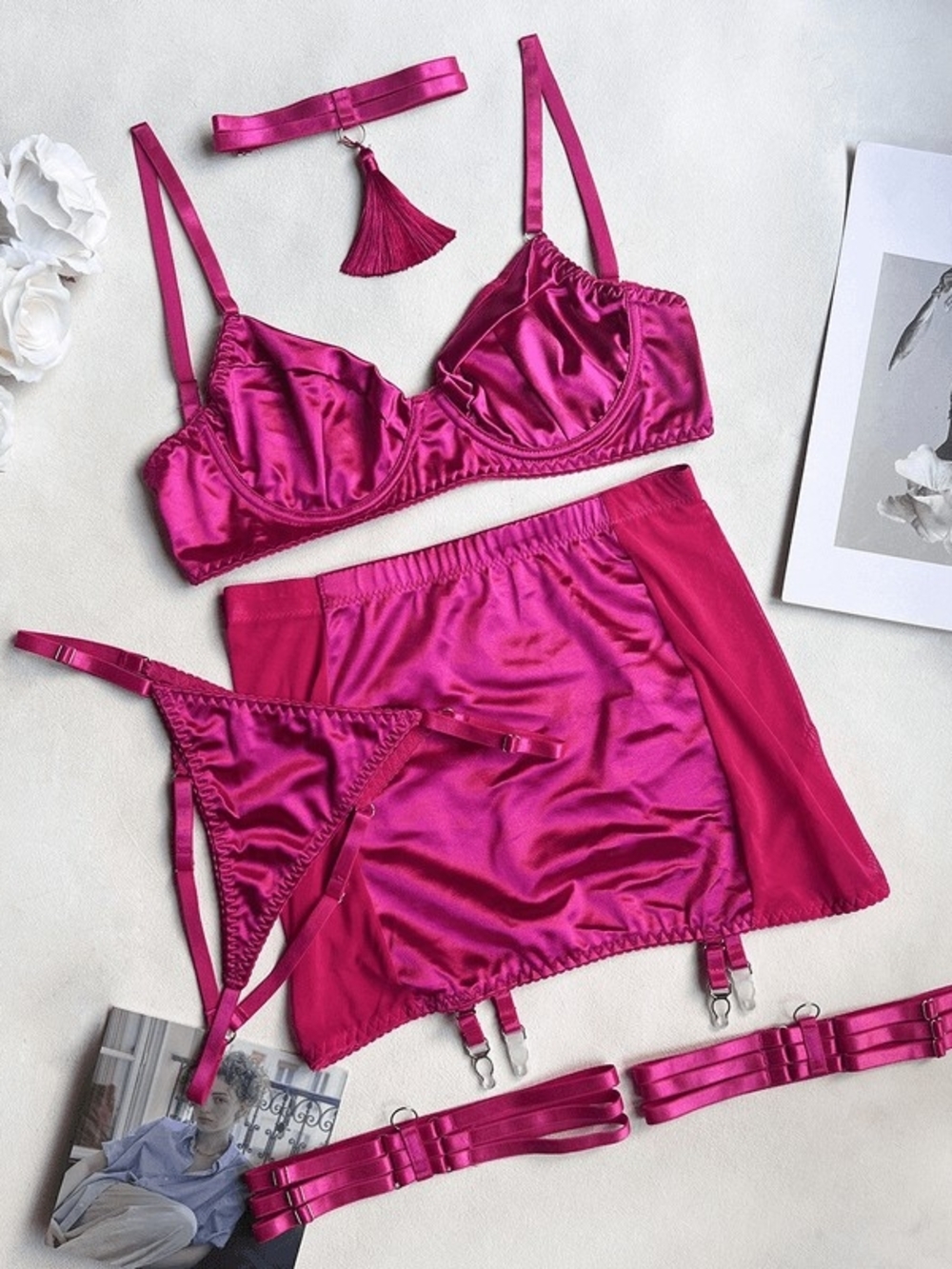 Satin 6-Piece Intimates Set in Fuchsia Pink